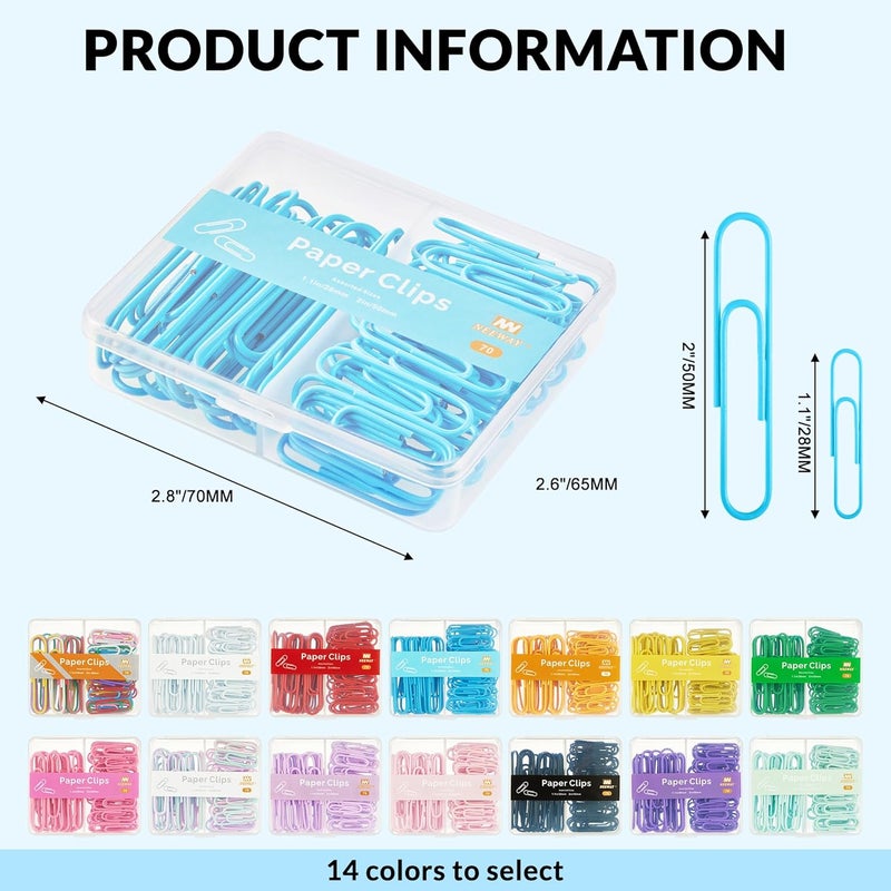 NEEWAY Colorful Paper Clips Assorted Sizes, Small and Large Paperclips, 210 Count, 3 Pack of 70 (Blue) - Image 2